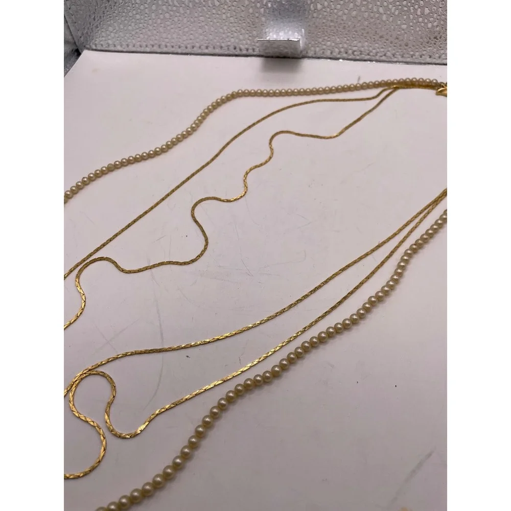 Vintage Crown Trifari© Gold Tone & Faux Pearl‎ Triple Strand Necklace 27